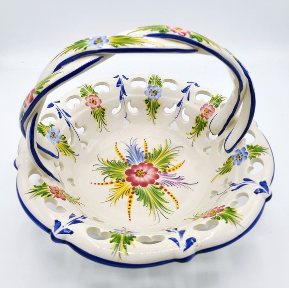 Vintage Other - Antique Portugal Vibrant Cobalt Blue White Floral Ceramic Hand Painted Basket